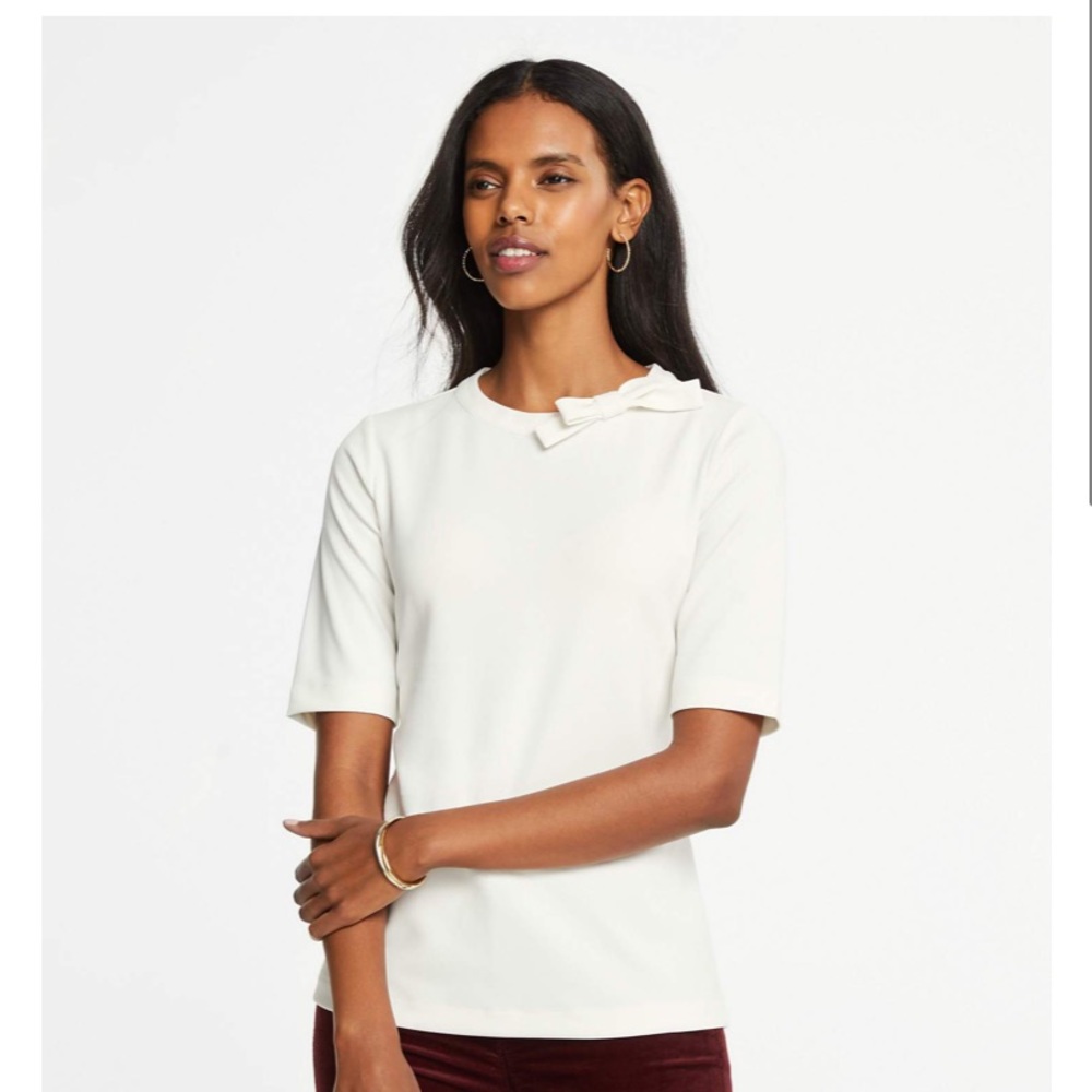 Ann Taylor Bow Collar Neck Tee Top Winter White S